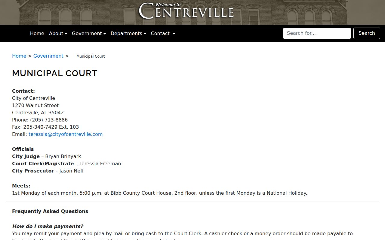 Centreville Municipal Court source for Bibb County municipal warrant lookup