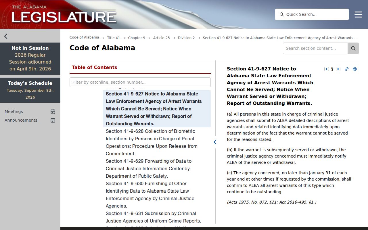 Bibb County arrest warrant reporting duties under Alabama law